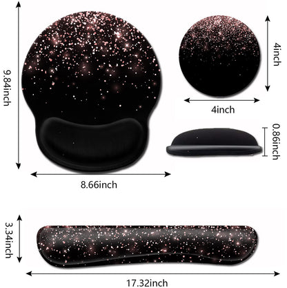 Ergonomic Gel Mouse Pad with Wrist Support - Soft Memory Foam Keyboard Rest, Dirt-Resistant, Suitable for Office Typing & Gaming, Rose Gold Glitter Pattern