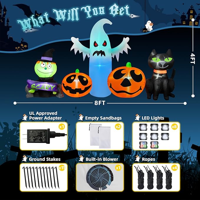 8FT Long Halloween Inflatables Outdoor Decorations, Inflatable Pumpkin and Ghost Black Cat Halloween Decorations with Built-in RGB LEDs Blow Up Inflatable for Halloween Party Garden Yard Lawn