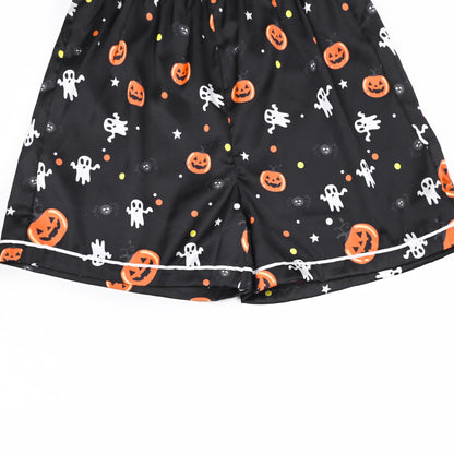 QPANCY Satin Kid Pajamas Big Girls Silk Pjs Set Boys Sleepwear Button-up Lounge Sets Halloween Short Sleeve Nightwear Pumpkin Black Size 10 11