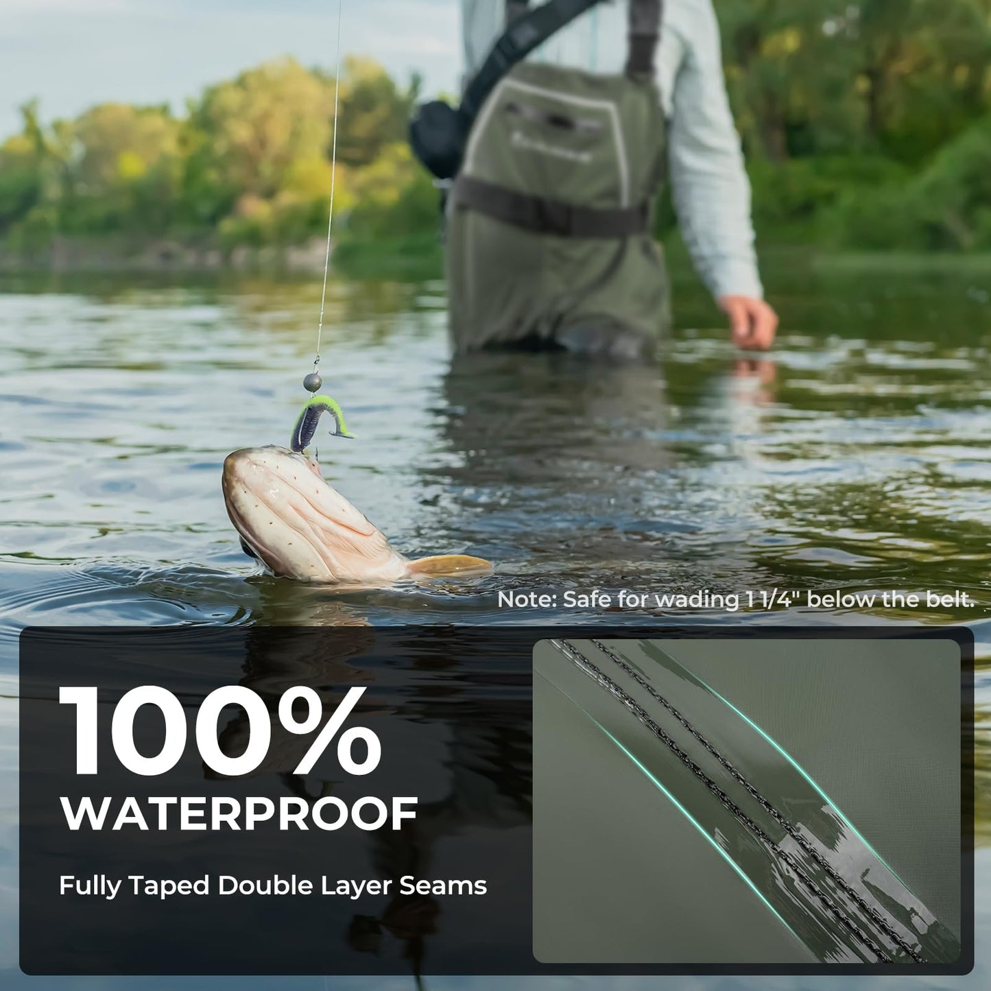 Calamus WaveWalker Fishing Waders for Men & Women, 100% Waterproof PVC Chest Waders with Slip-Resistant Boots, Tear-Resistant Nylon, Ample Storage, Wader Hanger, Military Green, M5/W7