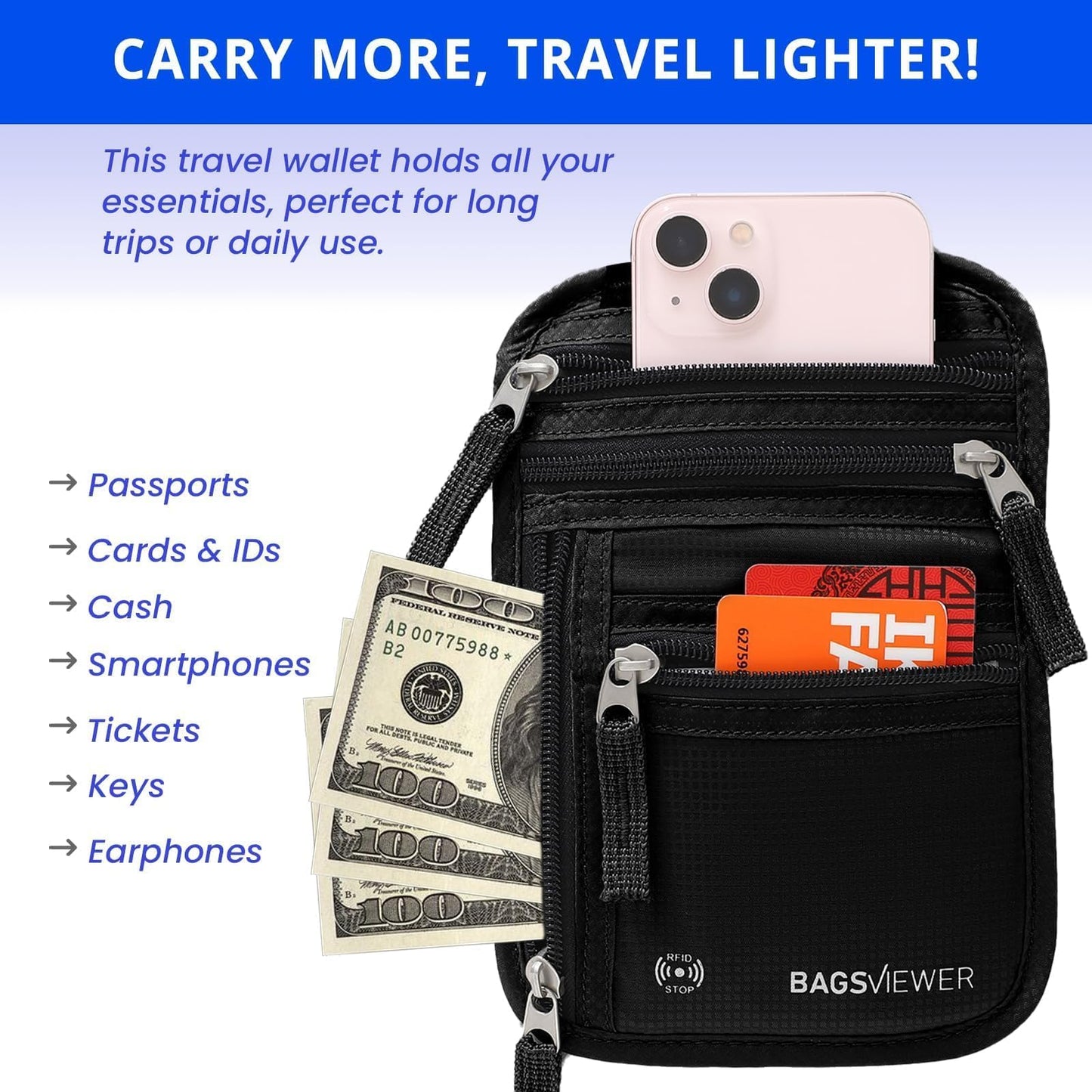 BAGSVIEWER Neck Wallet, RFID Blocking Passport Holder for Travel, Waterproof and Slim Pouch with Adjustable Neck Strap for Men, Women to Secure Cash and Credit Cards, 8" × 8.5"