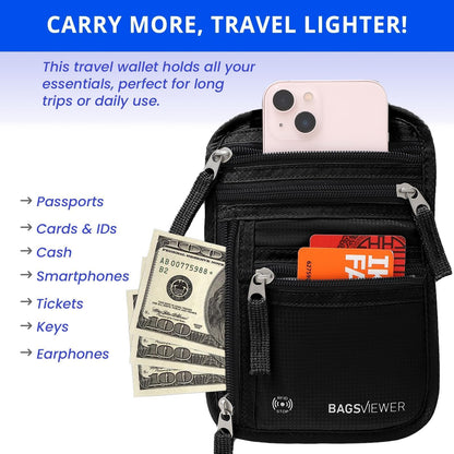 BAGSVIEWER Neck Wallet, RFID Blocking Passport Holder for Travel, Waterproof and Slim Pouch with Adjustable Neck Strap for Men, Women to Secure Cash and Credit Cards, 8" × 8.5"