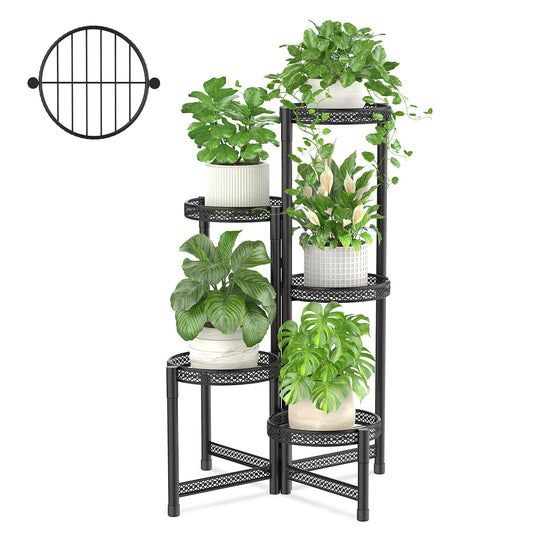 iDavosic.ly Plant Stand Indoor Outdoor, 5 Tier Corner Metal Flower Display Holder Shelf, Folding Tall Orchid Rack for Patio Balcony Porch Garden Living Room House, Wrought Iron - Modern Black