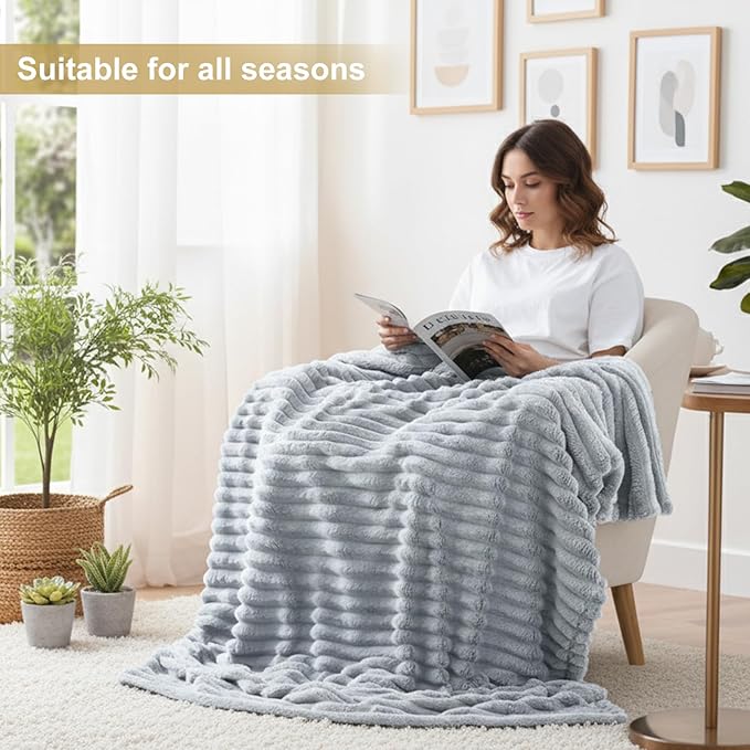 decorUhome Soft Fleece Light Grey Blanket Queen Size for Bed, Cozy Fluffy Plush Flannel Large Striped Throws for Couch Sofa, Lightweight Decorative Fuzzy Blanket for Woman, 90x90 Inches