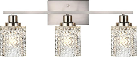 MELUCEE 3 Lights Bathroom Light Fixtures Brushed Nickel Modern Vanity Lights Indoor Wall Mounted Light with Hammered Glass Shade Suitable for Bathroom Living Room Hallway