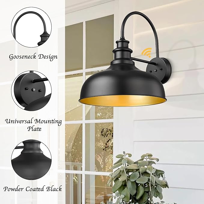 Bestshared 16 Inch Dome Large Dusk to Dawn Sensor Gooseneck Barn Light Farmhouse Outdoor Wall Sconce Industrial Exterior Wall Lighting Fixture, Outside Lantern Garage Lamp (Black+Gold,16” Dome-1Pack)