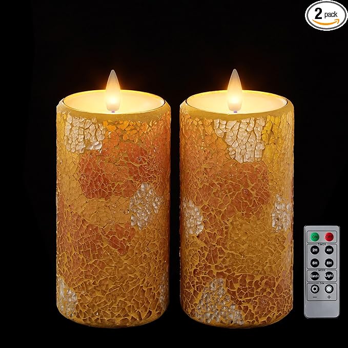 Mosaic Glass Flameless Candles with Remote Timer - 3D Moving Flickering LED, Remote Timer & Battery Operated, Real Wax Interior for Home/Christmas Decor(Yellow Cracked Glass)
