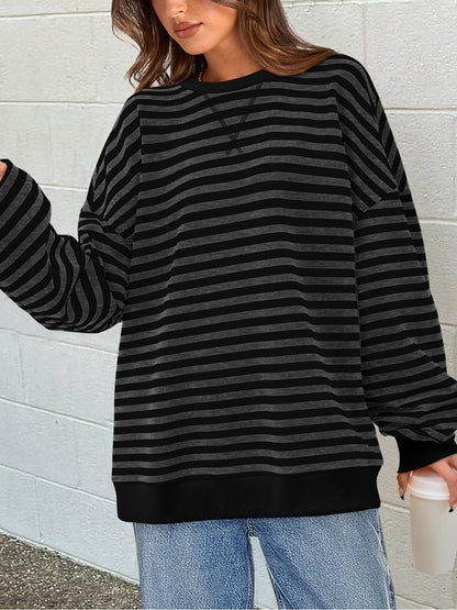 PRETTYGARDEN Women Oversized Striped Color Block Long Sleeve Crew Neck Sweatshirt Casual Loose Pullover Y2K Shirt Top (Black Dark Grey, X-Large)