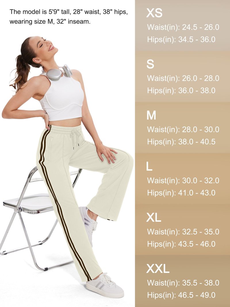 Tapata Regular Women's 30" Inseam Casual Pants Track Athletic Sweatpants Warm Up Loose Side Stripe Street Slacks, Beige, L