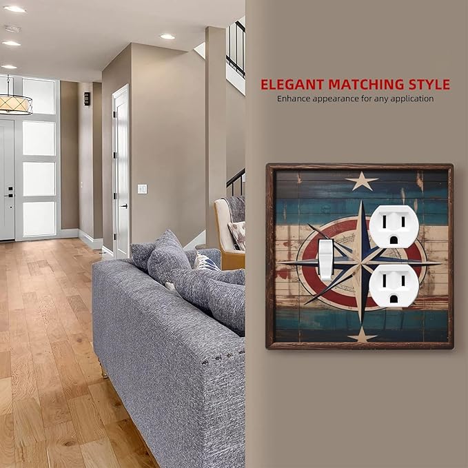 Decorative Art Light Switch Covers Nautical Rustic Star Emblem 2 Gang Single Toggle Duplex Combination Electrical Faceplate Switchplate Wall Plate for Home Decor