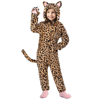 GIFTINBOX Leopard Costume Kids, Zip-Up Hooded Onesie Girls, Cat Costume for Girls Dress Up, Halloween Animal Costumes for Kids 5 6 7 8 9 10 11
