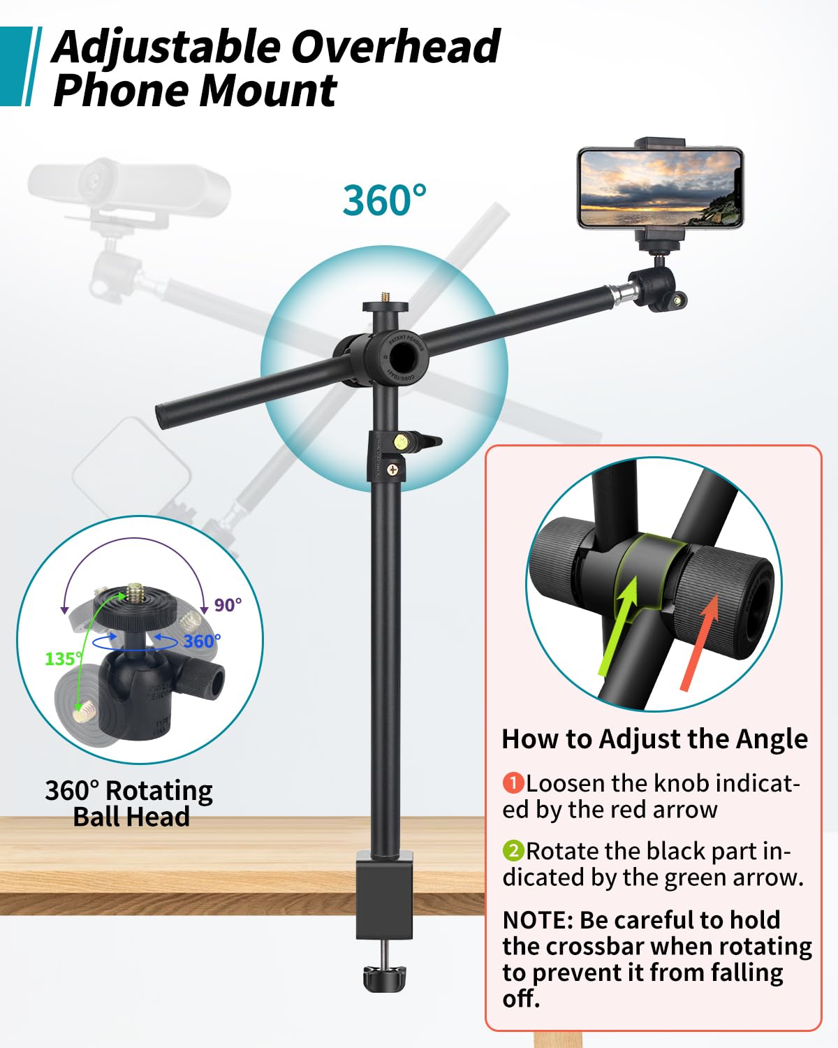 Overhead Camera Mount Desk Stand, Camera Arm Desk Mount Clamp Stand with 360°Adjustable Magic Arm, Webcam Arm Mount Stand w Ballhead Phone Mount for Desk Logitech Microphone Video Light Cell Phone