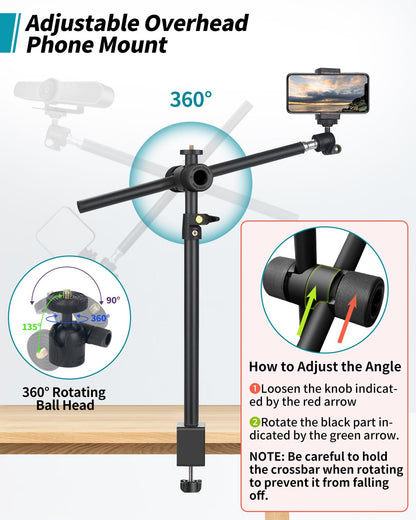 Overhead Camera Mount Desk Stand, Camera Arm Desk Mount Clamp Stand with 360°Adjustable Magic Arm, Webcam Arm Mount Stand w Ballhead Phone Mount for Desk Logitech Microphone Video Light Cell Phone