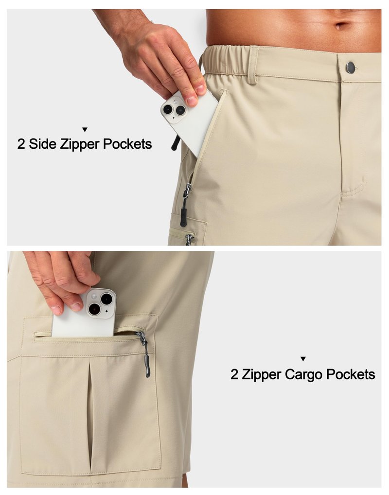 Pudolla Men's Hiking Cargo Shorts Lightweight 7" Travel Casual Shorts for Men Golf Work Outdoor with 5 Zipper Pockets(Khaki Medium)