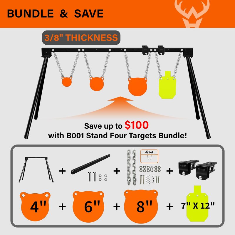 Highwild AR500 Steel Targets System 3/8 Inch Thick Complete Steel Shooting Targets with Stand, 4", 6", 8" Shooting Gongs + 7" x 12" Torso with 1 Stand, 2 Extension Brackets & 4 Mounting Kits