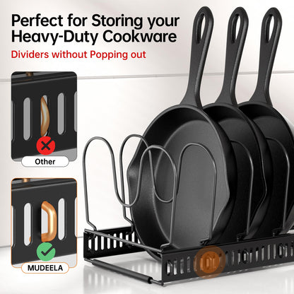 MUDEELA Pots and Pans Organizer Rack for under Cabinet, Expandable 11.81''-22.85'' Pot Lid Kitchen Cabinet Organizer Holder with 10 Adjustable Compartment Cutting Board Organizer for Pan Lid, Bakeware