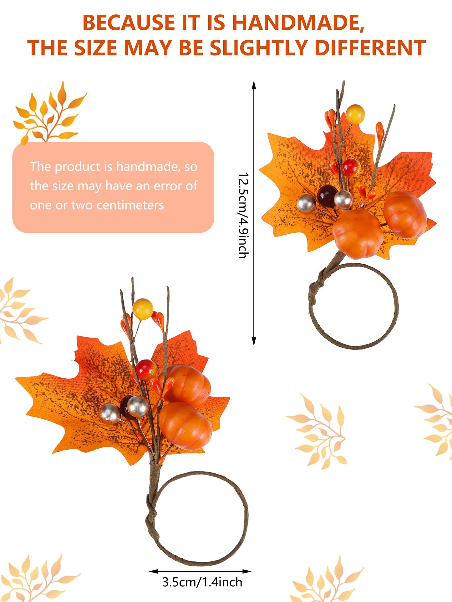 Patelai 12 Set Fall Thanksgiving Napkin Rings Pumpkin Maple Leaves Red Berry Napkin Holder for Table Decor, Wedding, Fall Banquet, Holiday, Dinner Party(Fresh Style,Orange)