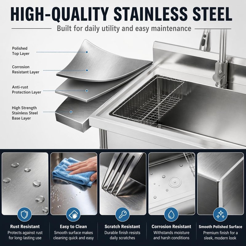 Gray Utility Sink, 47 x 22 x 37 Inch Freestanding Stainless Steel Single Bowl Laundry Sink With Pull-Down Faucet, Large Workbench Top, Modern Metallic Finish for Garage, Mudroom
