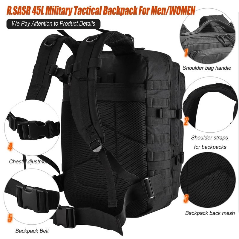 R.SASR 45L Black Tactical Backpack Military Assault Pack, MOLLE System Large 3 Day Bug Out Bag for Men Women Hiking Camping(Black-01)
