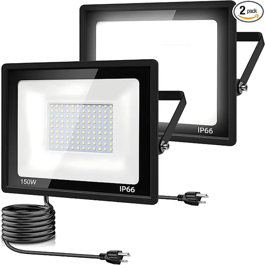 2Pack-150W LED Flood Light Outdoor,15500LM LED Work Light with US Plug,6000K Daylight White,IP67 Waterproof Outdoor Floodlights for Yard,Garden,Playground