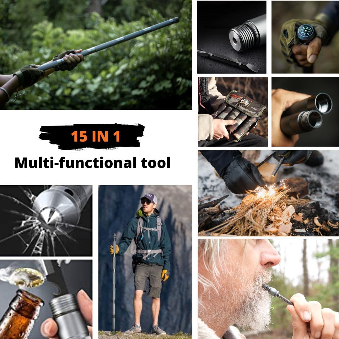 Prime Adventure Hiking Tactical Stick Walking Staff - Outdoor Multitool Gear Trekking Pole Collapsible Retractable Premium 15 in 1 | 8 Tubes