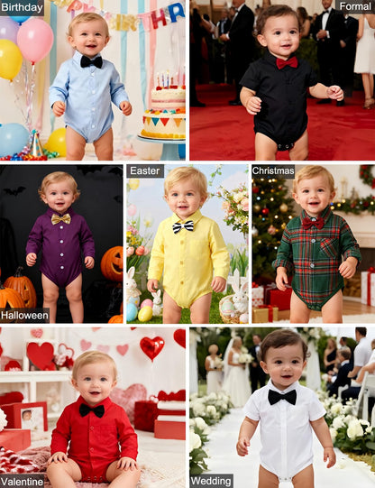 A&J DESIGN Wine Red Baby Boy Dress Shirt Infant Formal Christmas Wedding Romper Gentleman Long Sleeve One Piece Bodysuit with Bowtie 6-9 Months Burgundy