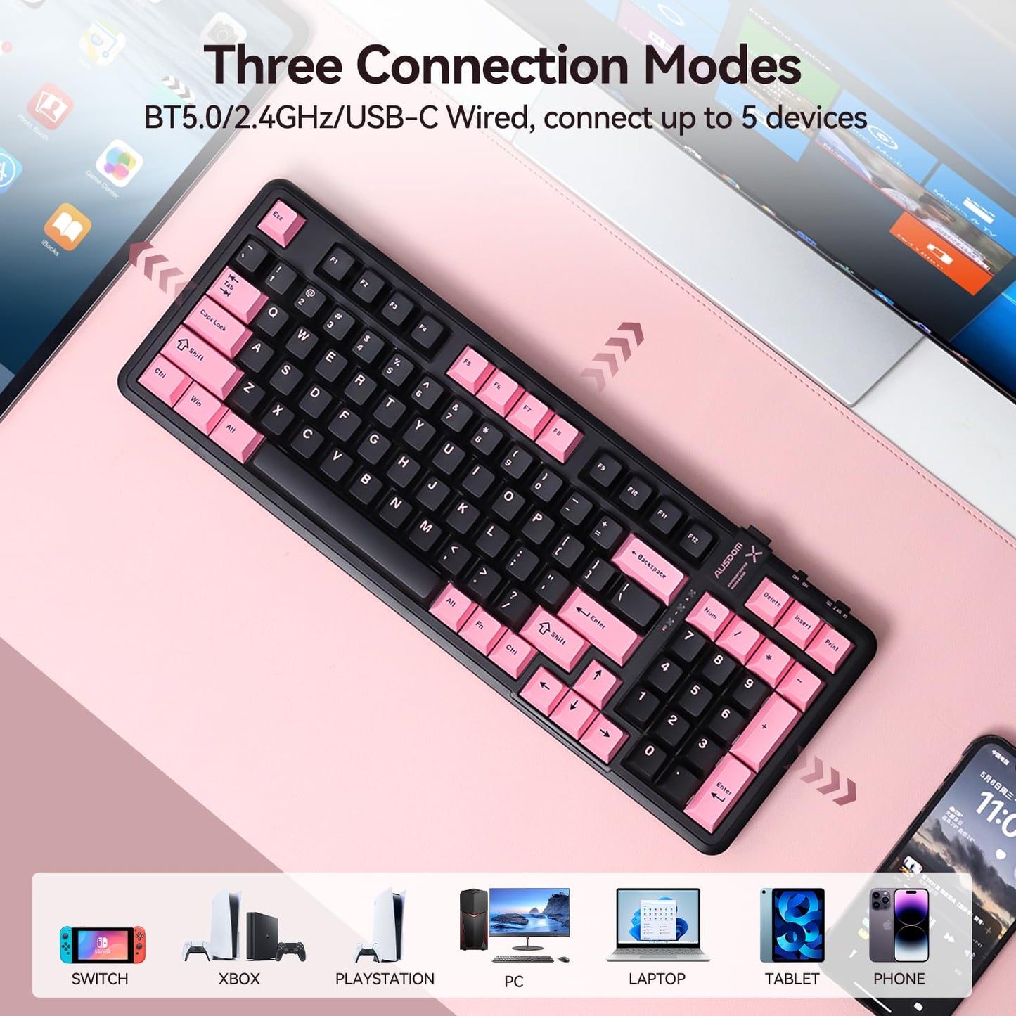 AUSDOM 98Pro Silent Mechanical Keyboard, Wireless Hot Swappable Gaming Keyboard with Backlit,Gasket Structure,Pre-lubed Tactile Switches,2.4GHz/Type-C/Bluetooth Custom Keyboards (Green & White-Silent)