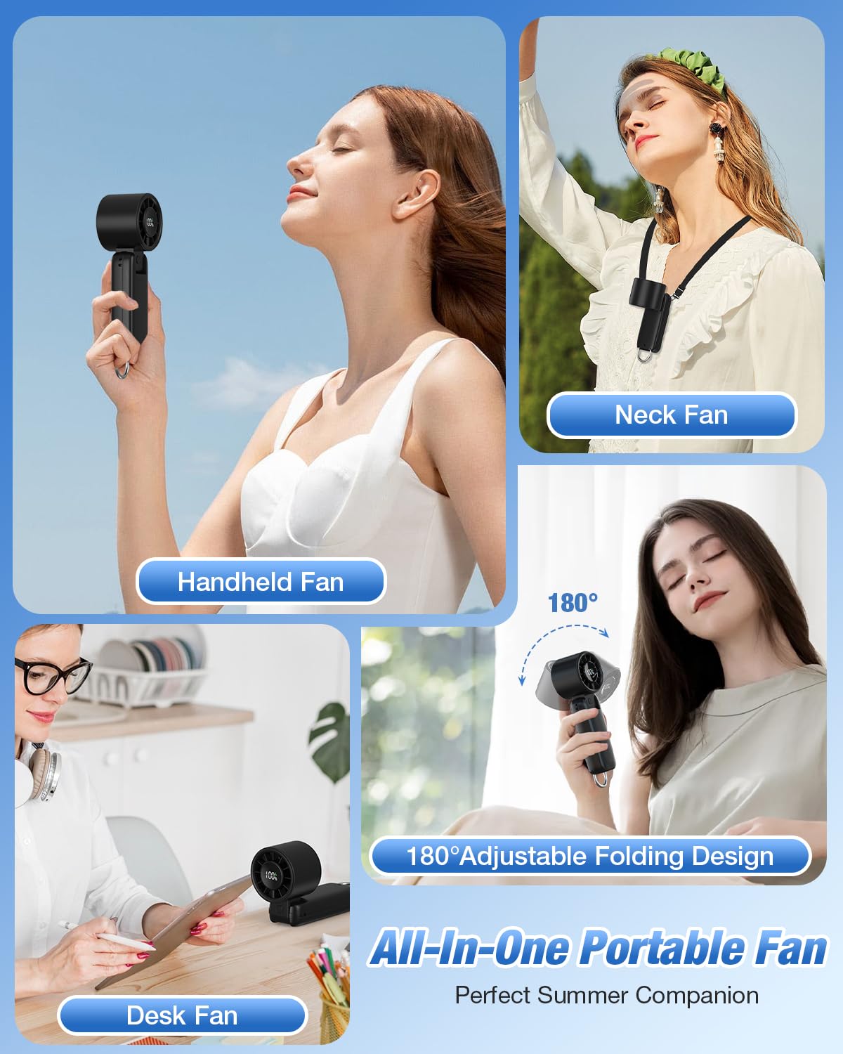 4 in 1 Handheld Portable Turbo Fan, 180° Foldable 6-Speed (1-100) Mini Fan, 5000mAh Rechargeable Battery Operated up to 15 Working Hours, LED Display Personal Cooling for Travel Indoor Outdoor Purple