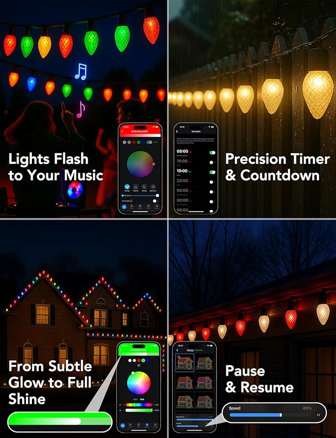 Smart C9 Christmas Lights Outdoor, 132FT 200 LEDs, RGB Color Changing String Lights with Music Sync & DIY, 108 Modes, App Controlled Waterproof Lights for Large House, Wedding, Halloween decorations