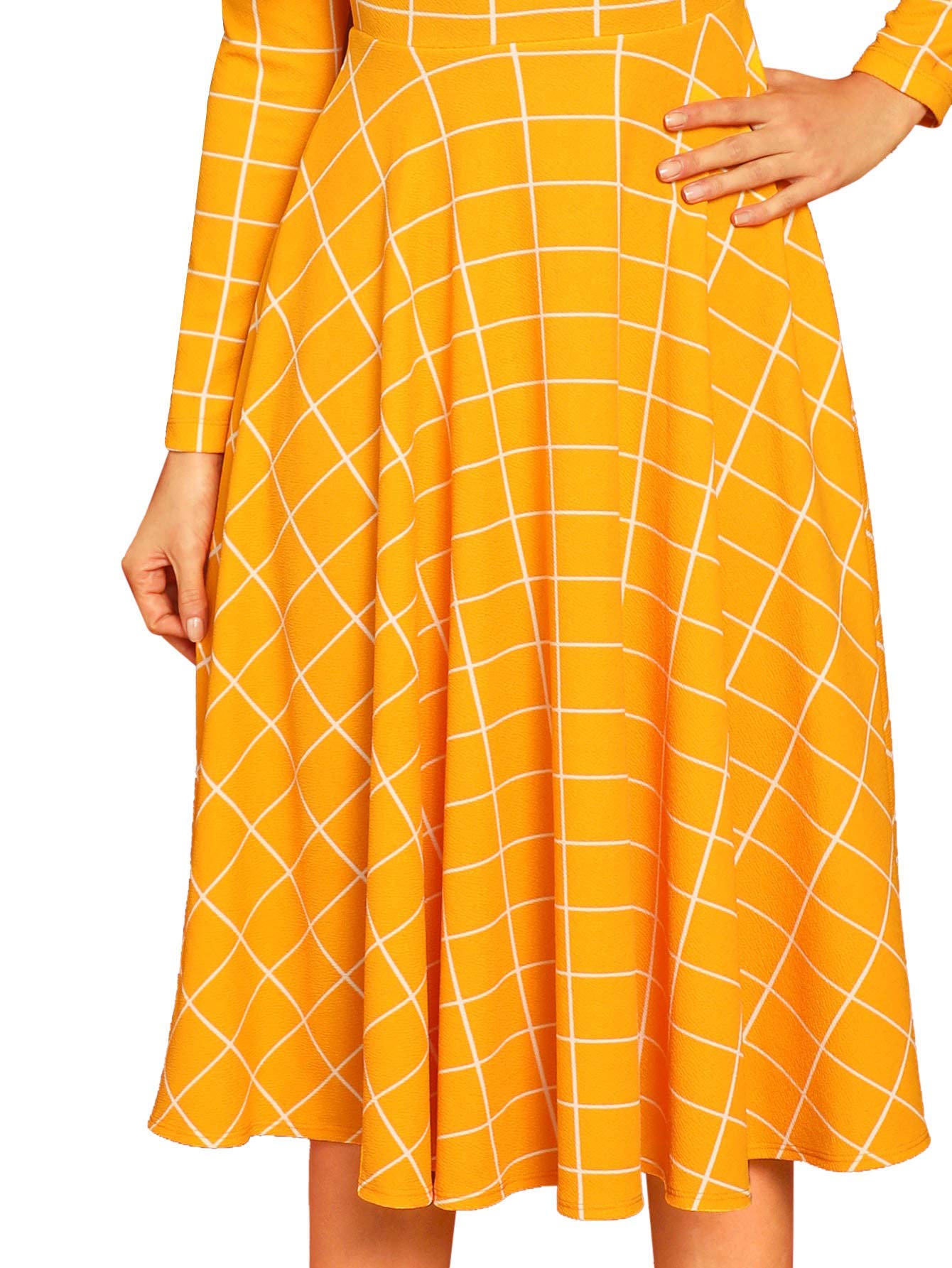 Floerns Women's Fit and Flare Plaid High Neck Long Sleeve Midi Dress Yellow Plaid L