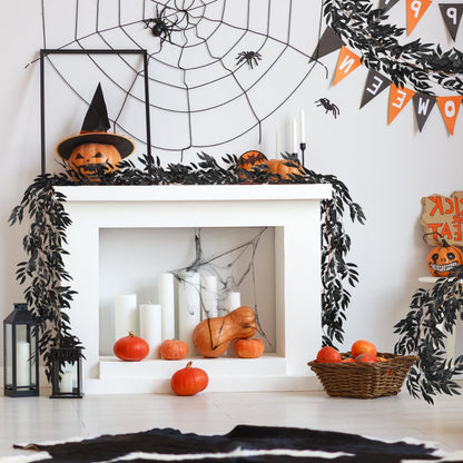 RECUTMS Artificial Hanging Willow Leaves Vine Twigs 2Pcs 5.7Ft Halloween Black Leave Garland Fake Silk Willow leaf Ivy Faux Greenery Plant for Indoor Outdoor Jungle Birthday Fall Christmas Party Decor