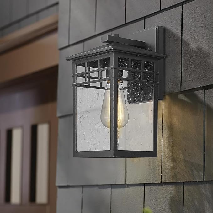 Outdoor Light Fixture Wall Mount, Modern Exterior Lights Fixture Wall Sconces with Seeded Glass for Front Porch, Farmhouse Waterproof Black Carriage Lantern Lamp Outside for Home, Garage, 2 Pack