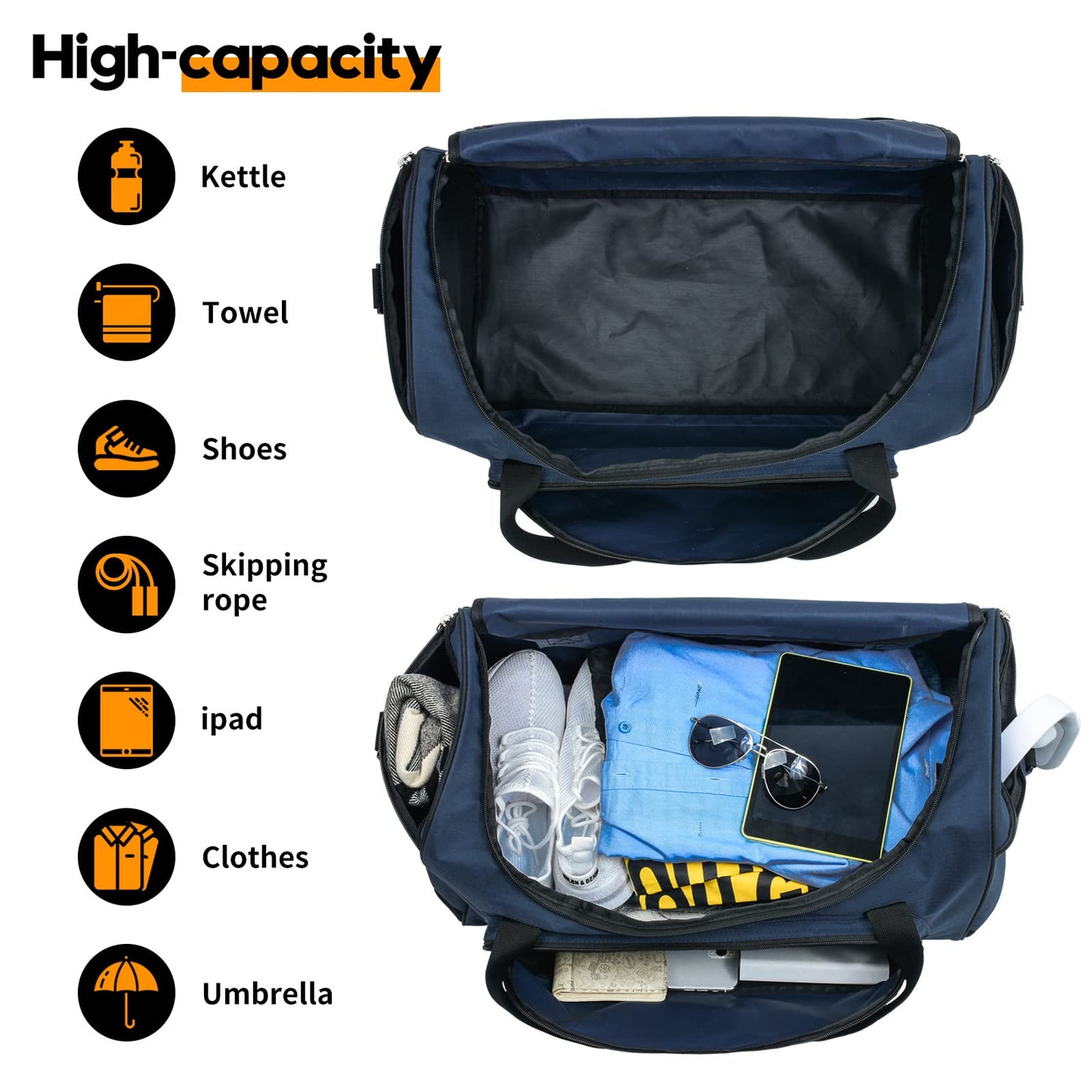 Gym Bag for Men - 55L Black Durable Large Duffle Bag for Travel, Workout, Fitness & Sport
