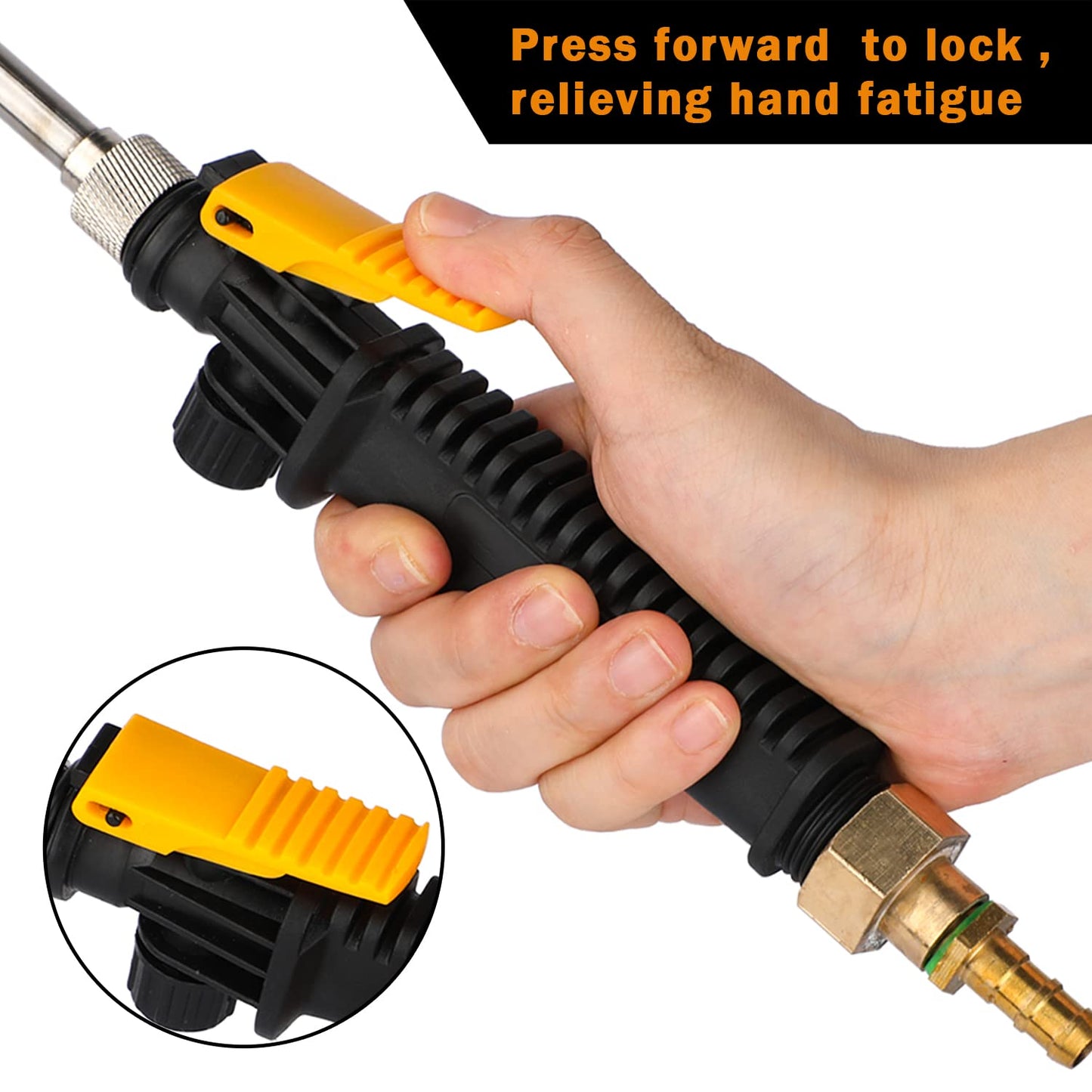 Ramarmro 29" Sprayer Wand, 2 Brass Barbs Match 3/8'' & 1/4" Hoses, Adjustable Stainless Steel Replacement Garden Sprayer Wand with Built-in Shut-Off Valve, w/ 2 Hose Clamps & Connects Yellow