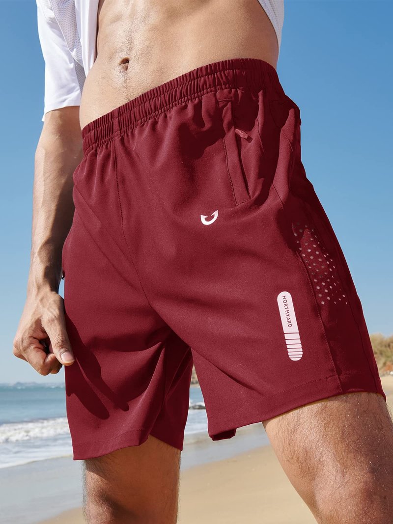 NORTHYARD Men's Athletic Running Shorts Gym Workout 7"/9"/5" Quick Dry Lightweight Sports Basketball Tennis 3 Zipper Pockets WineRed S
