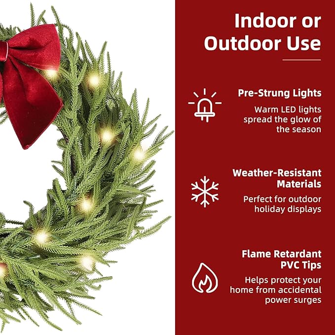 30 Inch Christmas Wreaths for Front Door with Lights,Lighted Norfolk Pine Door Wreath,Prelit Real Touch Artificial Green Winter Wreath with Large Burgundy Velvet Bow for Indoor Outdoor Decor