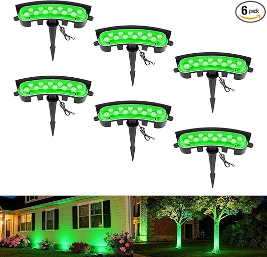 Low Voltage Landscape Flood Lights, Green Light 9W 12V Wired Outdoor LED Color Floodlights for Uplighting Palm Tree House Flag Wall Washer, Super Bright, Unique Design, Aluminum, Black, 6Pack