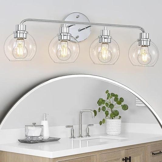 Bathroom Light Fixtures Chrome Vanity Light 27 Inch Silver 4 Light Modern Wall Sconces Lighting Bathroom Lights with Globe Glass Shades Bath Wall Lights for Mirror Kitchen Living Room Hallway