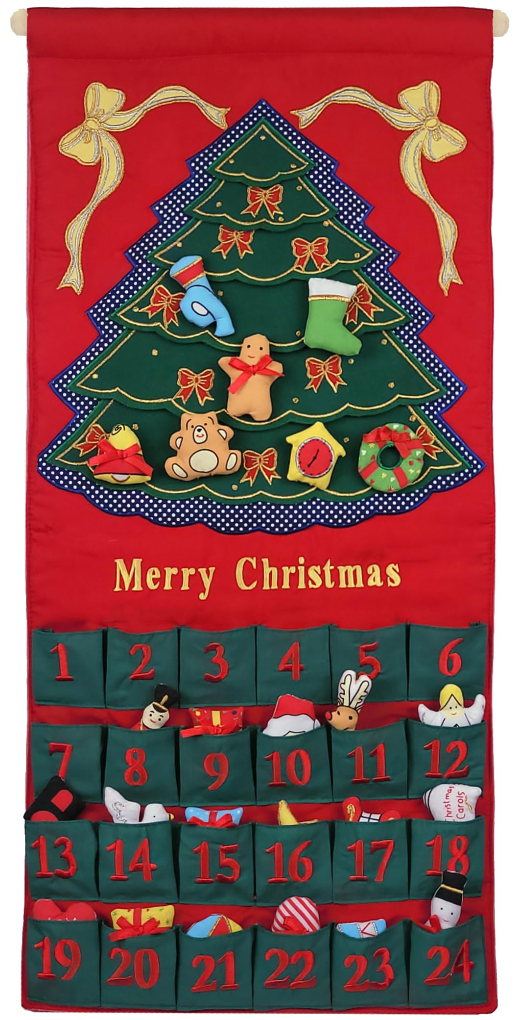 Merry Christmas Green Tree Advent Calendar by Pockets of Learning | Festive Holiday Décor, Seasonal Fabric Wall Hanging | Cloth Christmas Countdown w/ 24 Stuffed Cloth Ornaments