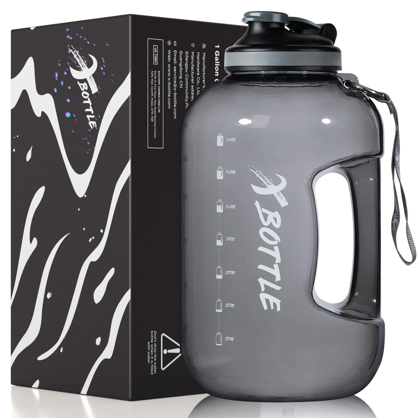 1 Gallon BPA Free Dishwasher Safe 128oz Large Water Bottle with Motivational Time Marker and Handle - Leak-proof Big Black Water Jug for Camping, Sports, Workouts (Chug Lid)