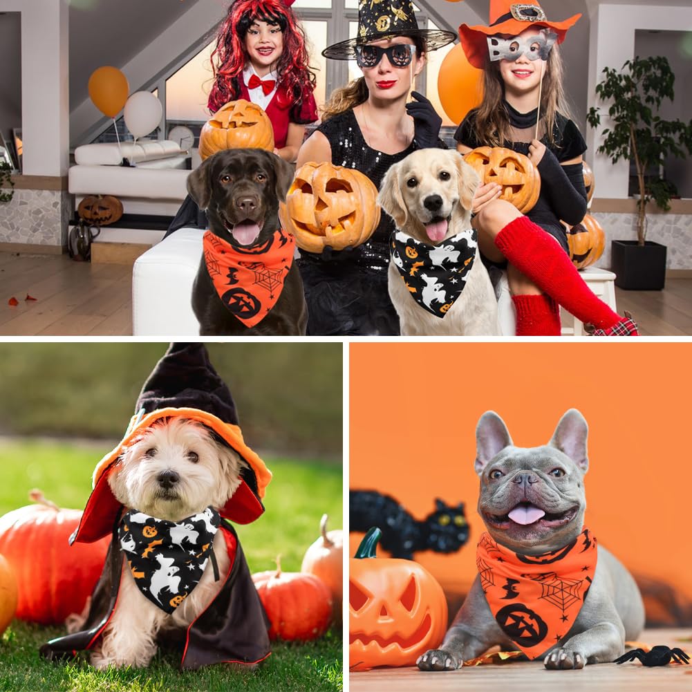 Vivifying 2 Pack Halloween Dog Bandanas, Spooky and Pumpkins Halloween Accessories for Pets, Dog Scarf Costume for Trick-or-Treating, Photo Prop, and Party Decor (Large, Orange & Black)