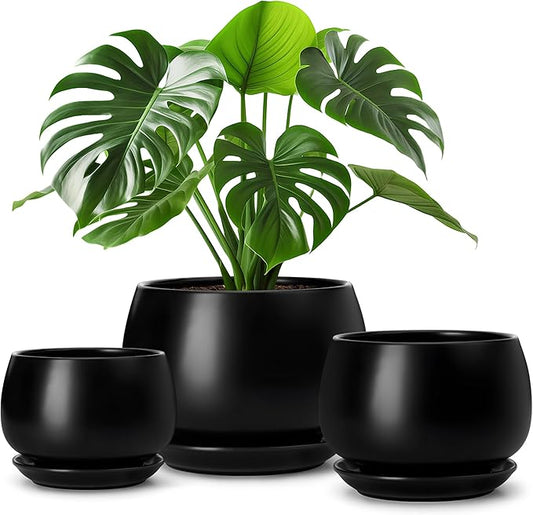 vancasso 3-Pack Ceramic Plant Pots, 7.3/9.6/11.6 Inch Indoor Planters with Saucers & Drainage Hole Planter pots for Indoor Plants and Flower, Black