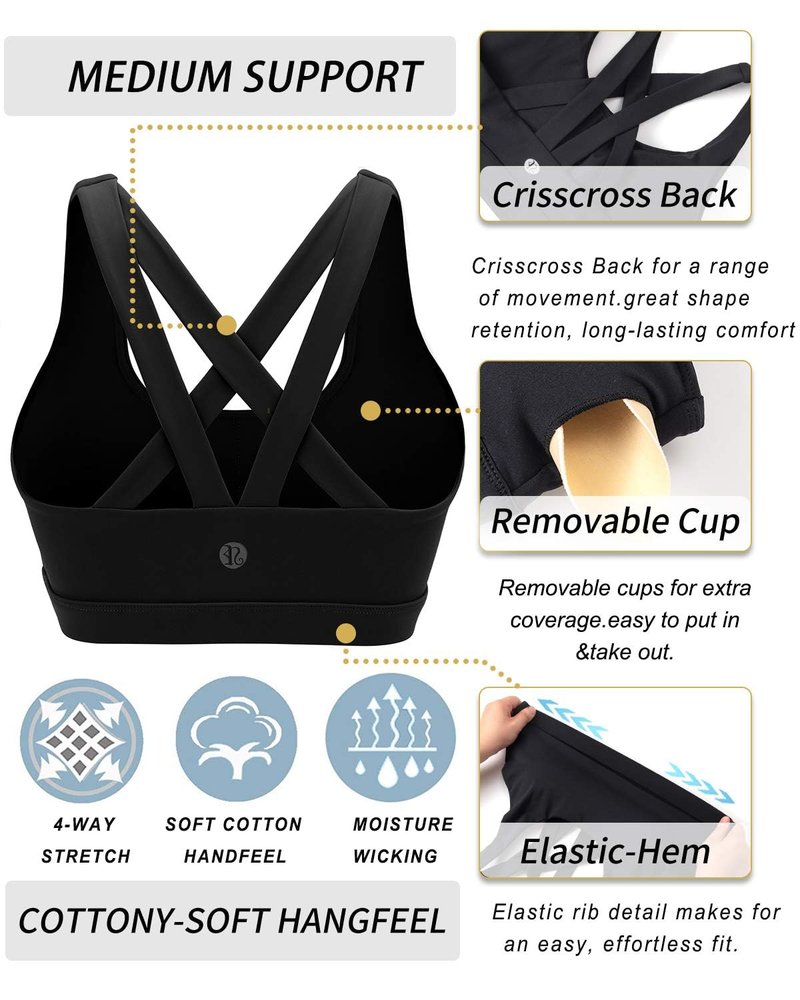 RUNNING GIRL Sports Bra for Women, Criss-Cross Back Padded Strappy Sports Bras Medium Support Yoga Bra with Removable Cups B-Black