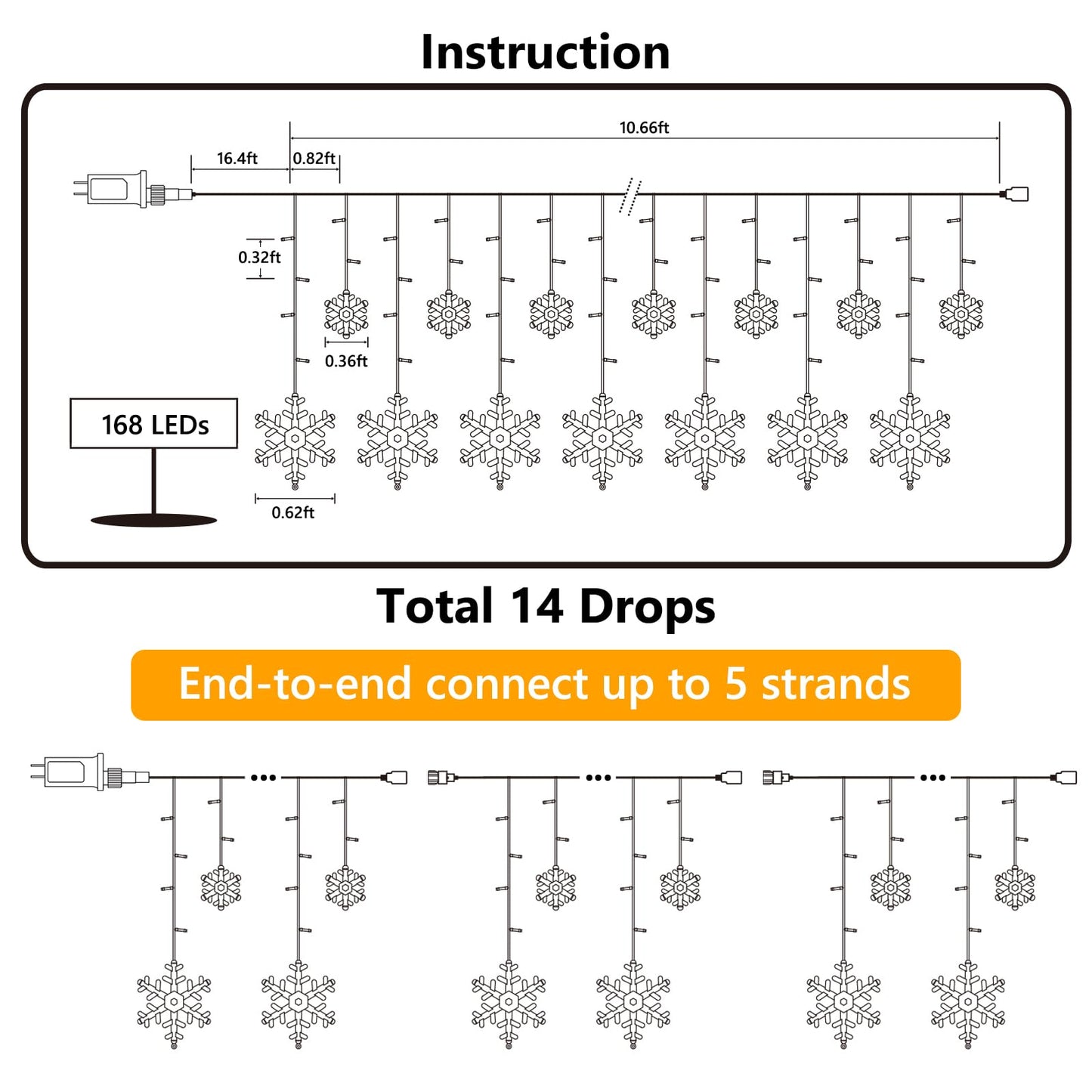 Christmas Snowflake Lights, 10.66ft 168 LED Icicle Lights Outdoor with 14 Drops, 8 Modes Waterproof Connectable Christmas Light for Eaves Wedding Garden Yard Indoor Xmas Decor (White & Icicle Blue)