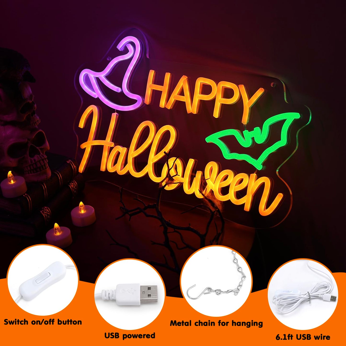 Qmetalart Halloween Neon Sign Happy Halloween Sign Wall Decor LED Sign Neon Lights for Bedroom Living Room Bar Office USB Powered Light Up Sign Hanging LED Light for Halloween Decor Holiday Party Gift