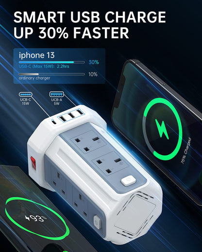 Tower Extension Lead, (3250W 13A) Extension Tower 8 AC Outlets & 4 USB Ports, Surge Protection Extension Lead with 4 Independent Switch, 17W USB C Ports Extension Cable 3M for Office, Home, Kitchen