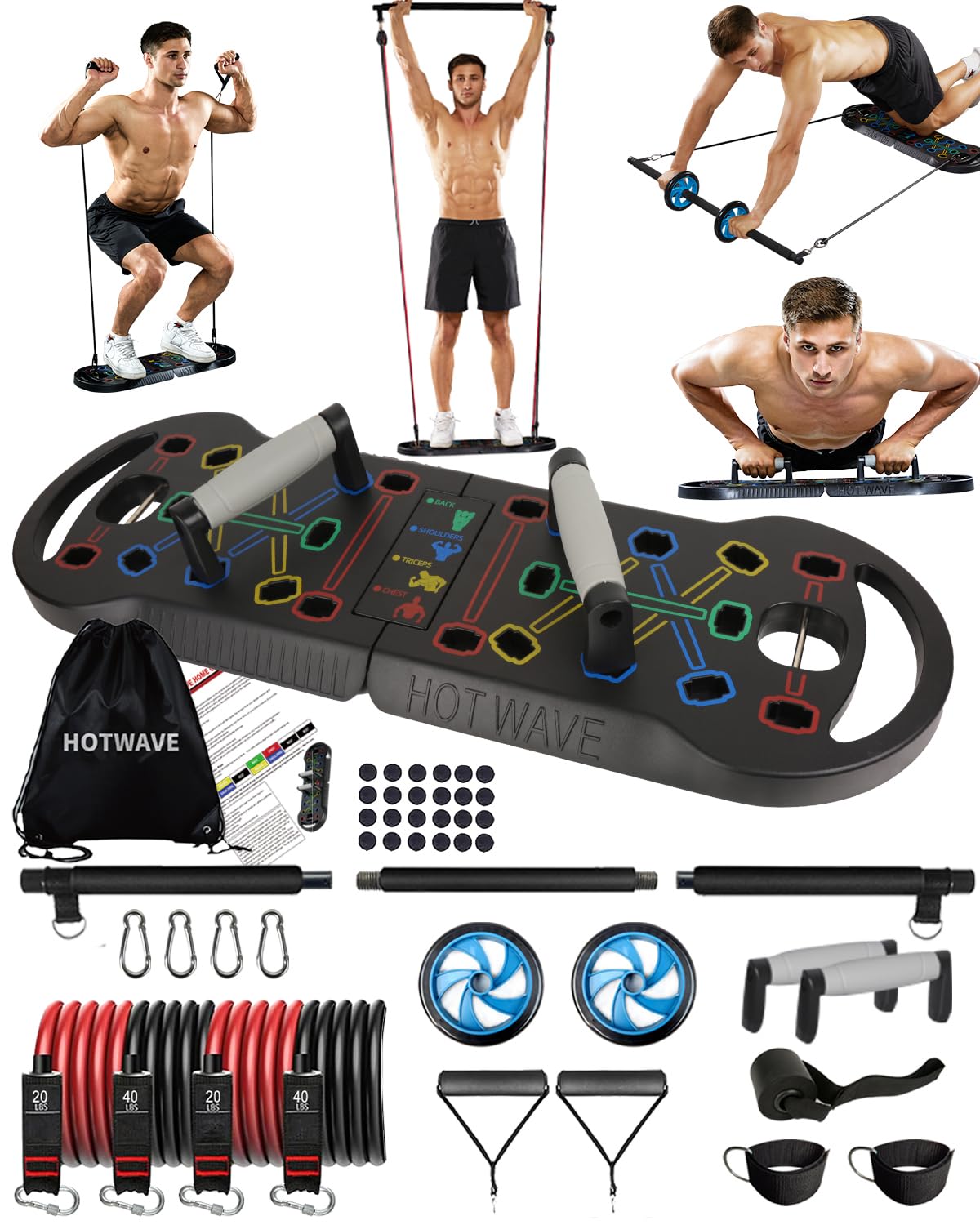 HOTWAVE Portable Exercise Equipment with 16 Gym Accessories,20 in 1 Push Up Board Fitness,Resistance Bands with Ab Roller Wheel,at Home Workout for Men