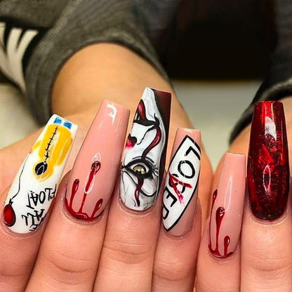 Halloween Press on Nails Long Ballerina Fake Nails Horror Joker and Red Balloon Design False Nails Kit Full Cover Artificial Nails Reusable Glue on Fake Nails Press ons Halloween Manicure 24Pcs