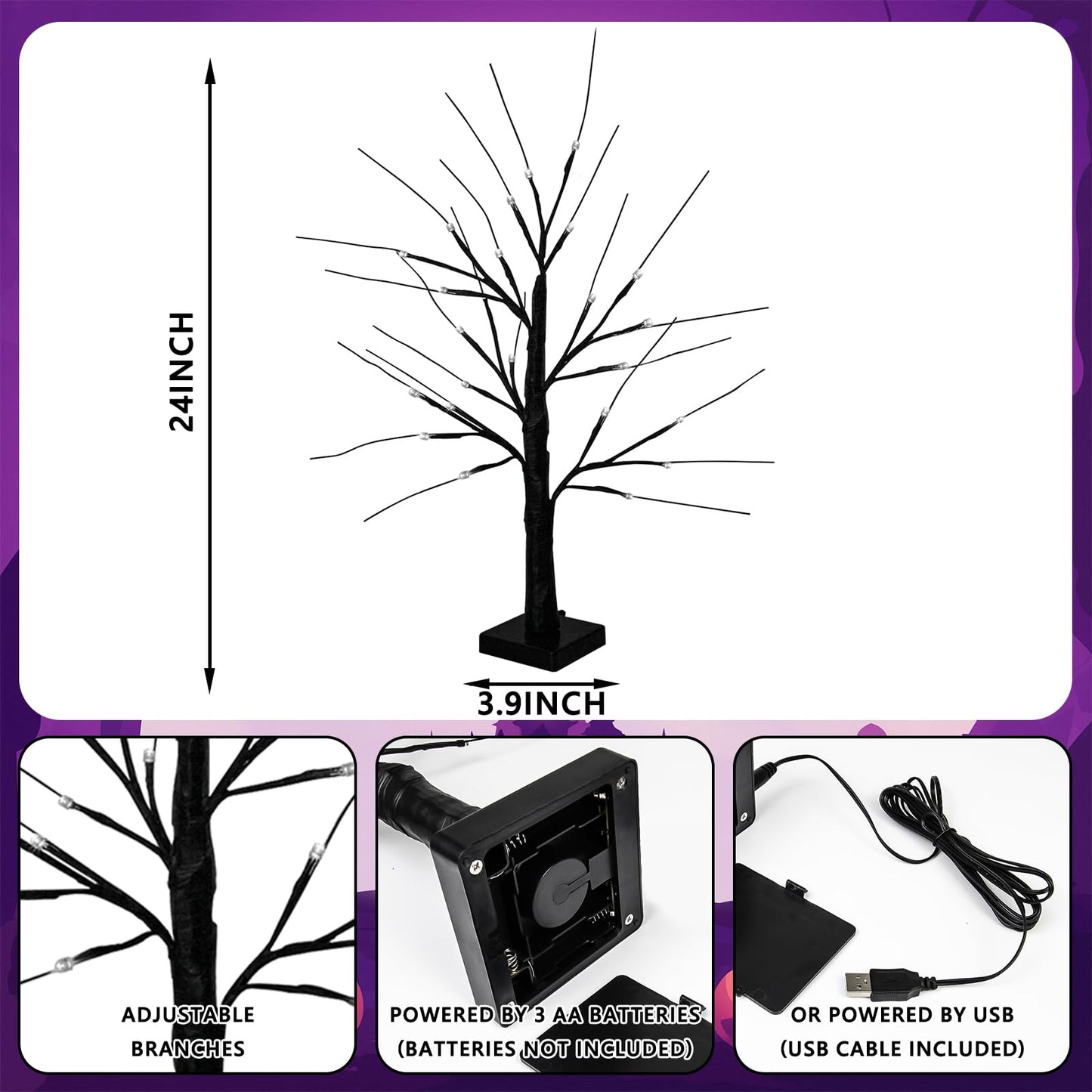 Halloween Decorations Indoor, 2-Pack 2FT Lighted Black Halloween Tree with 48 LED Orange & Purple Lights, Timer Function Battery Operated Halloween Trees Lights Spooky Tree for Tabletop Home Party