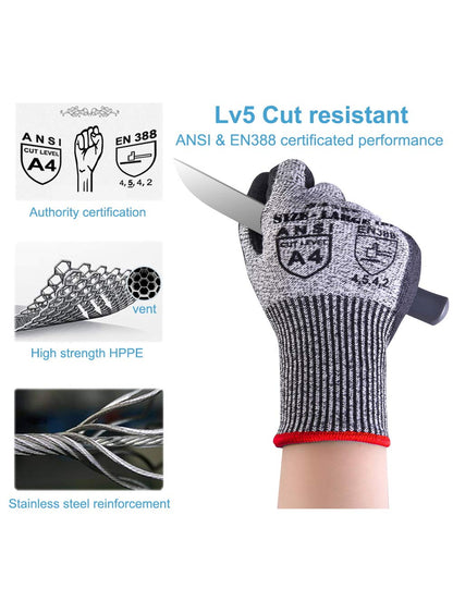 Donfri Cut Resistant Gloves High Performance Level 5 Protection Safety Work Gloves for Men Comfortable PU Coated Palm Cut Proof Gloves Gardening Food Grade Non-slip Machine Washable (L,3)